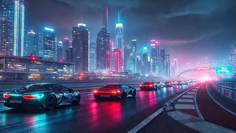 Ciudad futurista vibrante y dinámica en 2025