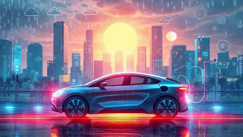 Coche eléctrico en ciudad futurista vibrante