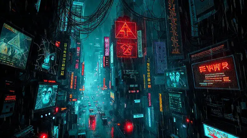 Ciudad cyberpunk, caos y advertencias brillantes