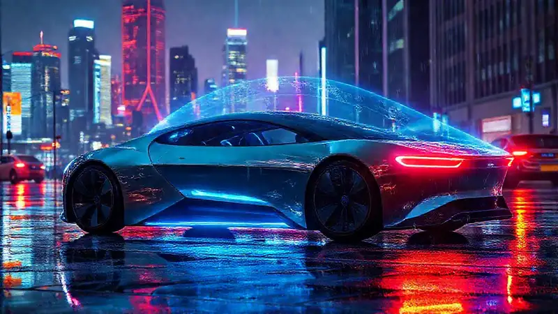 Un coche eléctrico futurista brilla en la ciudad