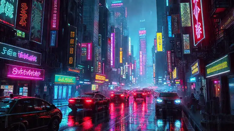 Ciudad cyberpunk vibrante y digitalmente lluviosa