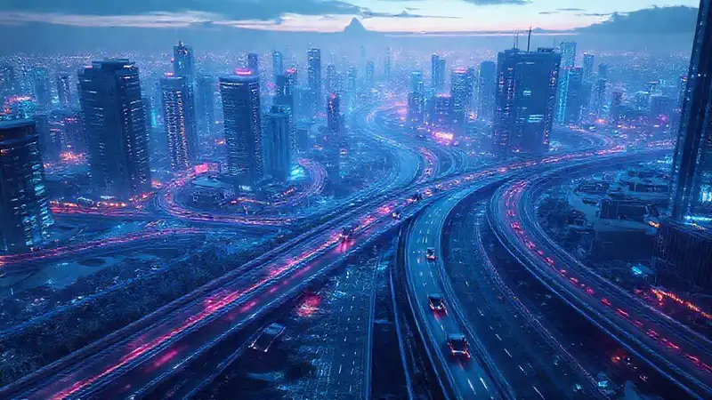 Ciudad futurista, alta tecnología y limpia