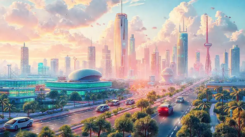 Ciudad futurista, vibrante y prometedora