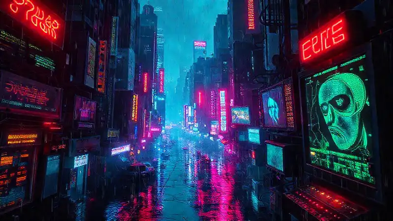 Ciudades cibernéticas vibrantes y distópicas brillan