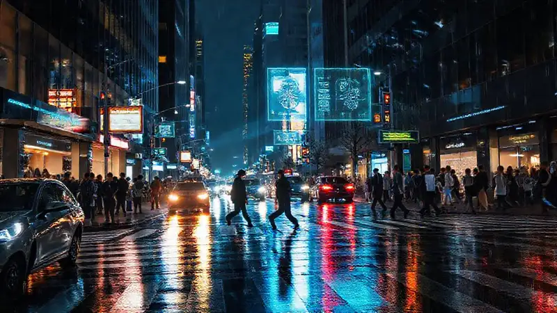 Ciudad futurista, seguridad tecnológica y lluvia