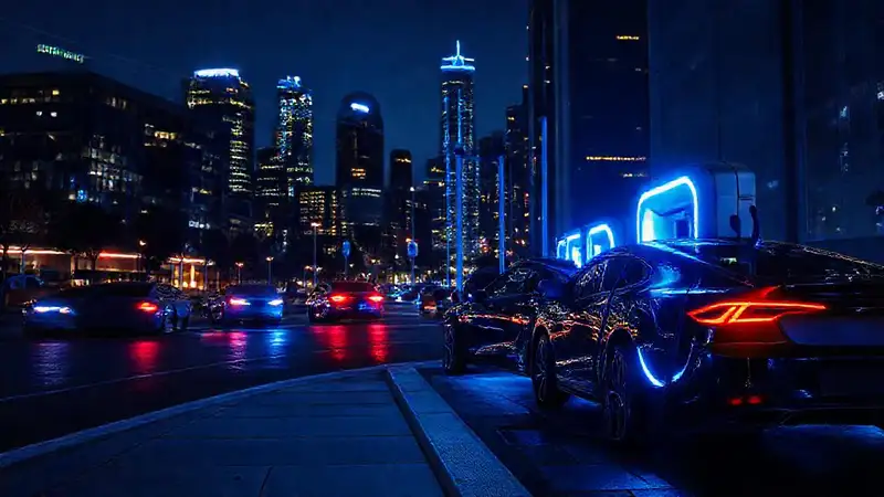 Estación de carga futurista nocturna brillante
