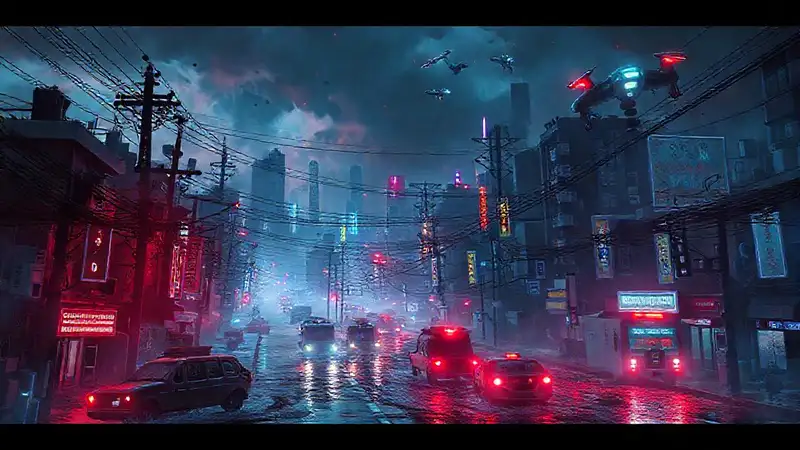 Ciudad futurista, caos y desesperación