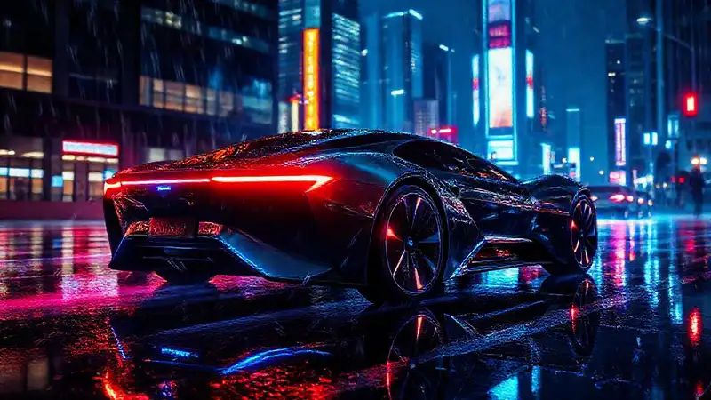 Coche eléctrico futurista brilla en noche lluviosa