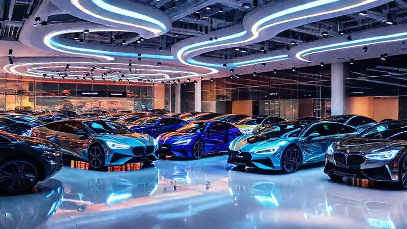 Un showroom futurista exhibe vehículos tecnológicos