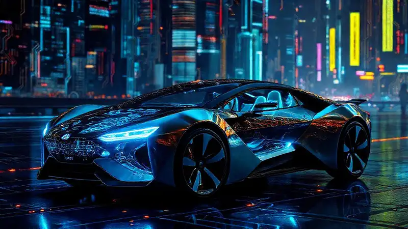 Un coche futurista irradia brillo en la ciudad