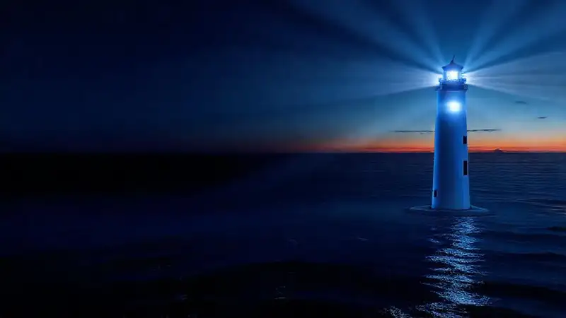 Faro LED moderno ilumina el océano