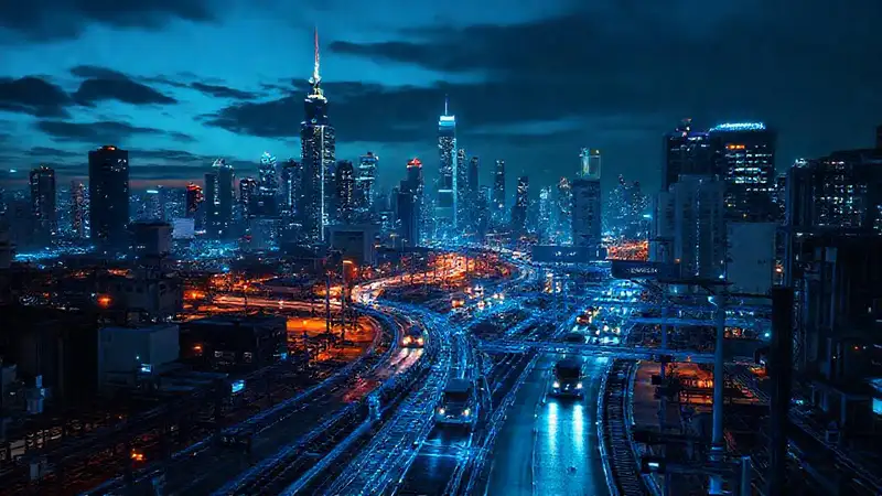 Ciudad futurista brilla con energía azul