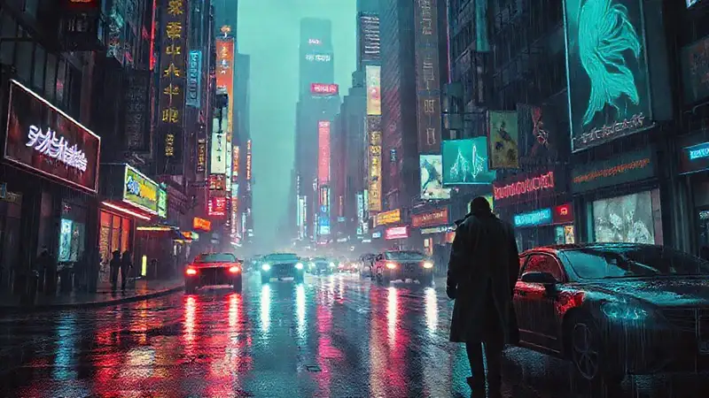 Ciudad cyberpunk lluviosa
