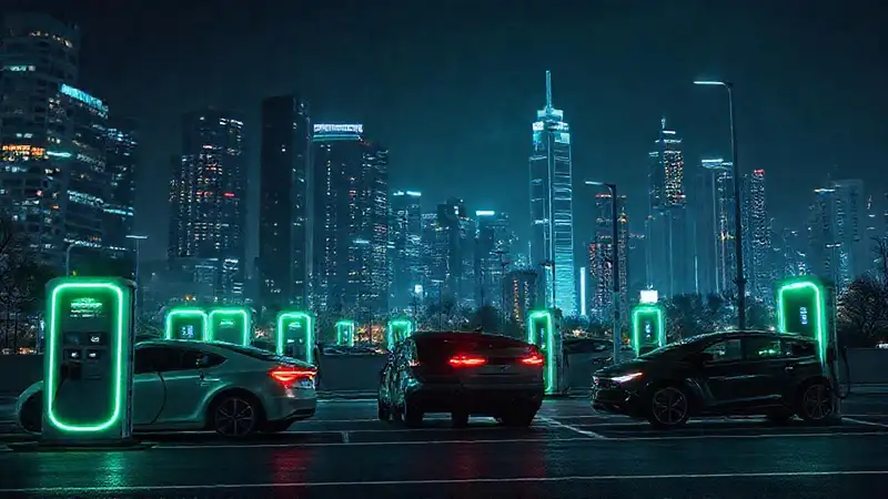 Ciudades futuristas cargan vehículos eléctricos nocturnamente