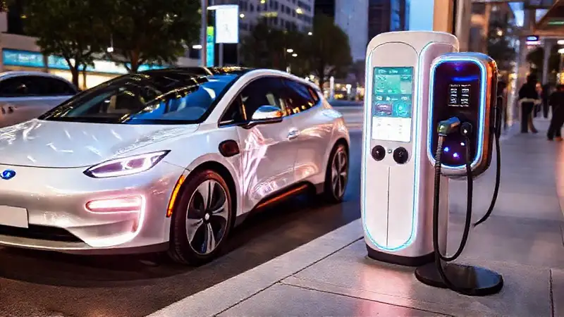 Coche eléctrico moderno y tecnológico en la ciudad