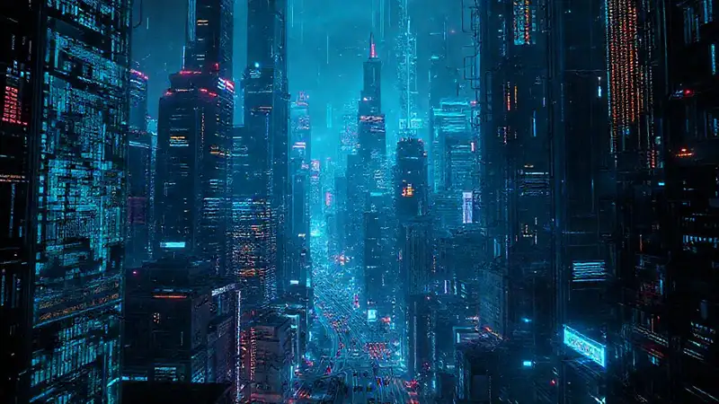 Ciudad futurista y digitalmente inquietante