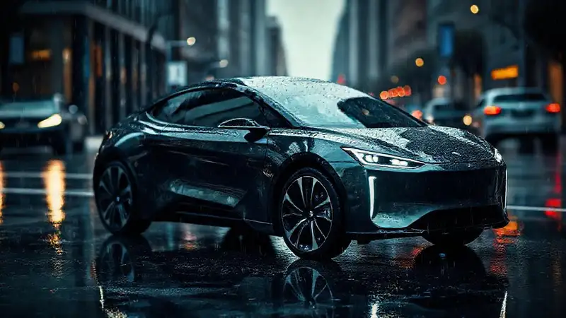 Coche eléctrico futurista en lluvia urbana