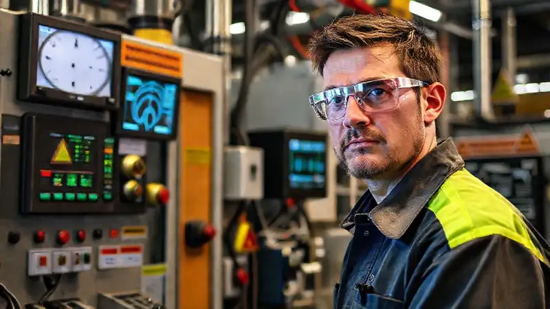Un técnico revisa maquinaria industrial peligrosa