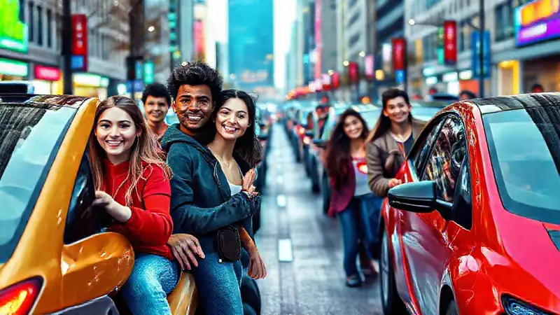 Jóvenes conducen coches eléctricos en la ciudad