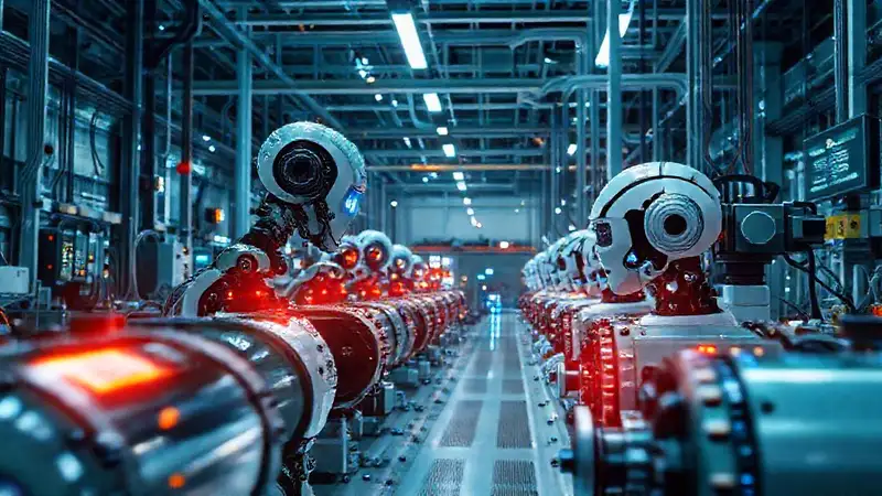 Fábrica futurista, tecnología optimista y robots