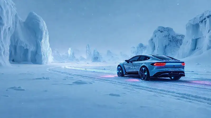 Coche eléctrico futurista en blanco helado