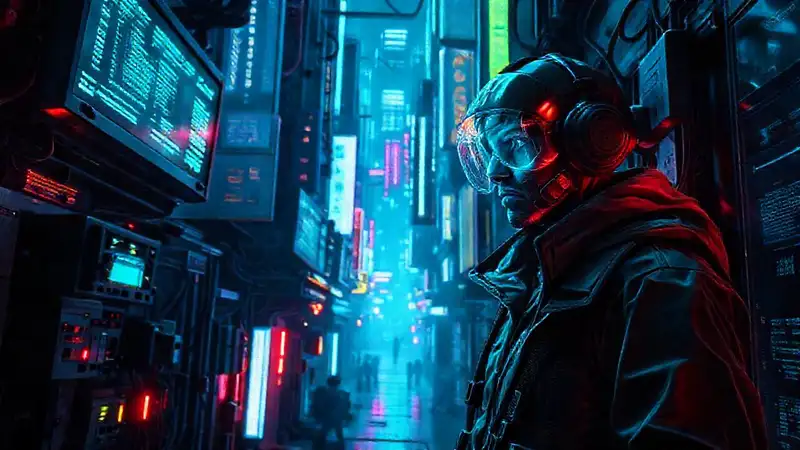 Ciudad cyberpunk futurista, llena de errores