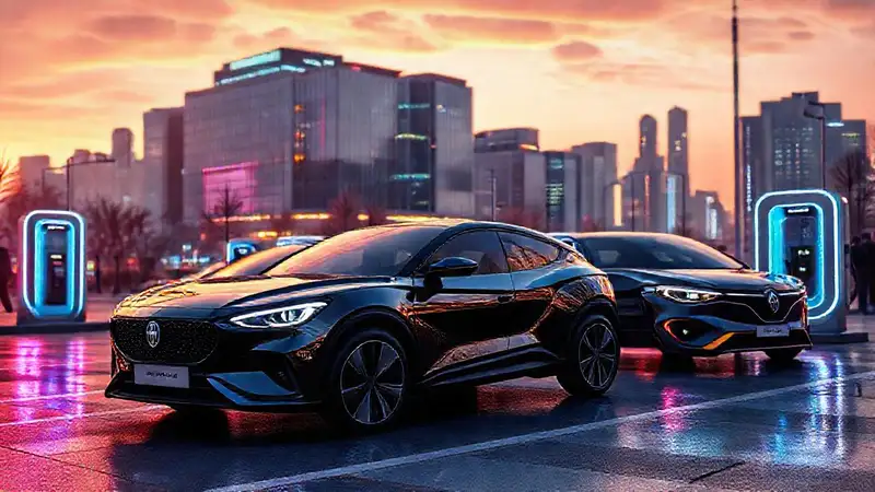 Ciudad futurista con vehículos eléctricos brillantes