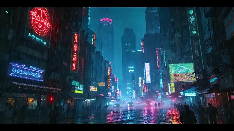 Ciudad cyberpunk lluviosa
