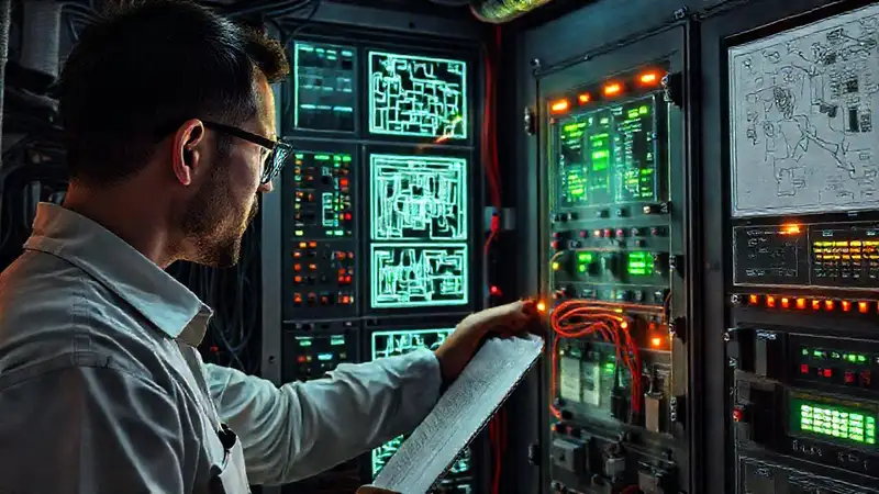 Técnico revisa panel de control industrial