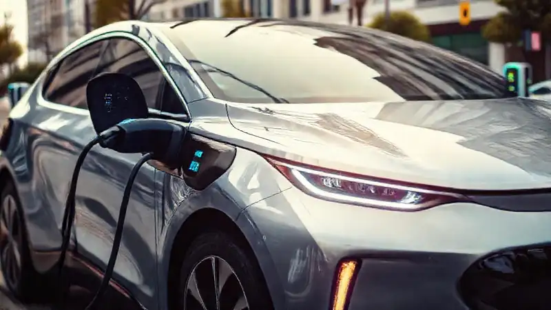 Coche eléctrico moderno y vibrante en ciudad