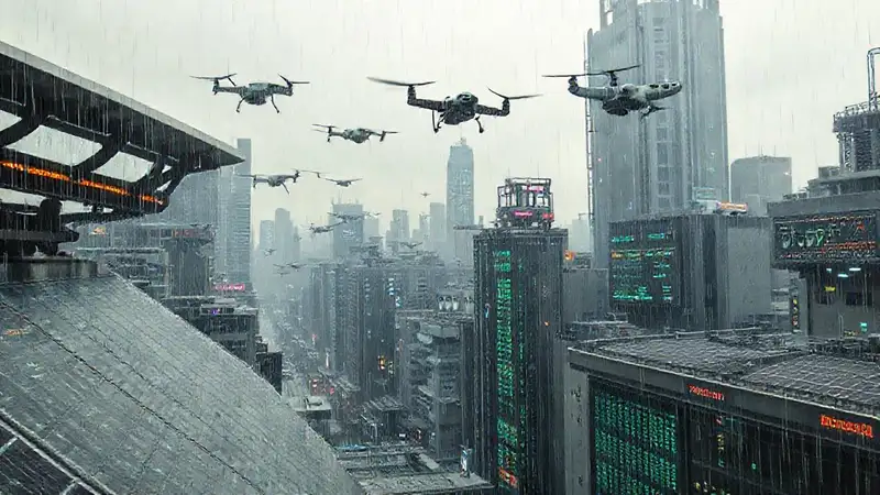 Ciudad futurista gris, lluvia y preocupación