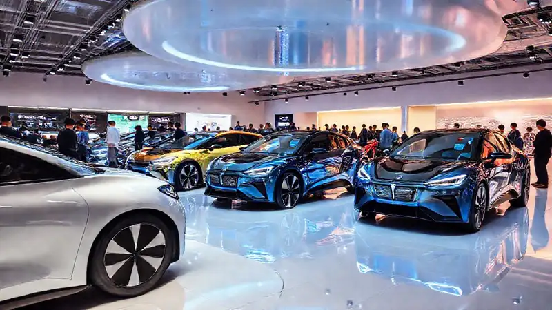 Un salón de coches eléctricos futurista brilla