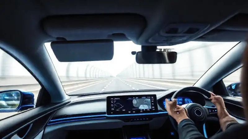 Un coche futurista conduce con seguridad