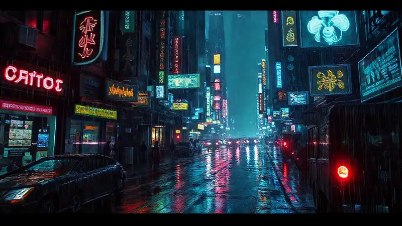Ciudad cyberpunk lluviosa