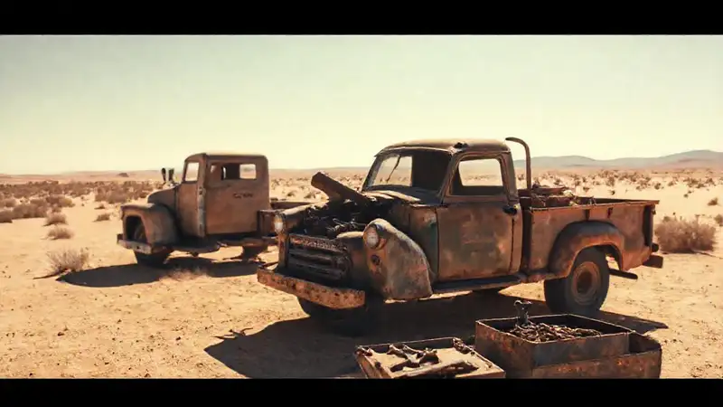 Un mecánico reparaba el camión en el desierto