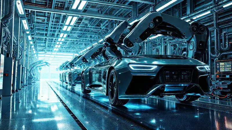 Factoría futurista con robótica y diseño