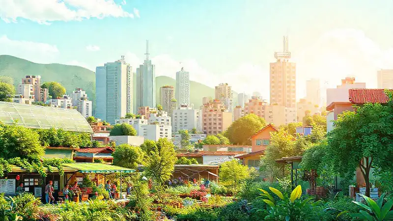 Ciudad verde y sostenible florece alegremente