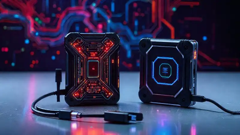 Accesorios tecnológicos con diseño futurista brillante