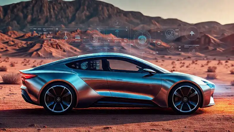 Coche futurista en paisaje árido, tecnología avanzada