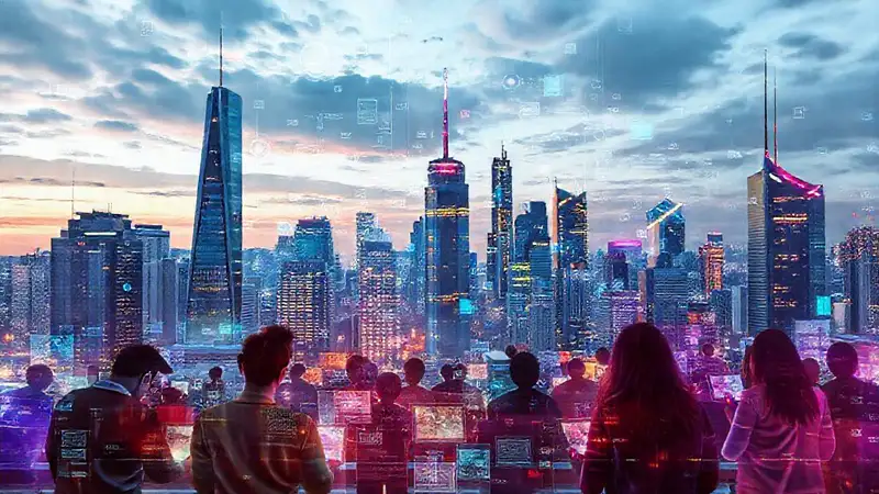 Ciudad futurista de colores vibrantes