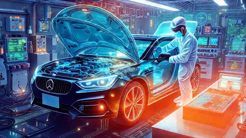 Técnico diagnostica un coche eléctrico futurista