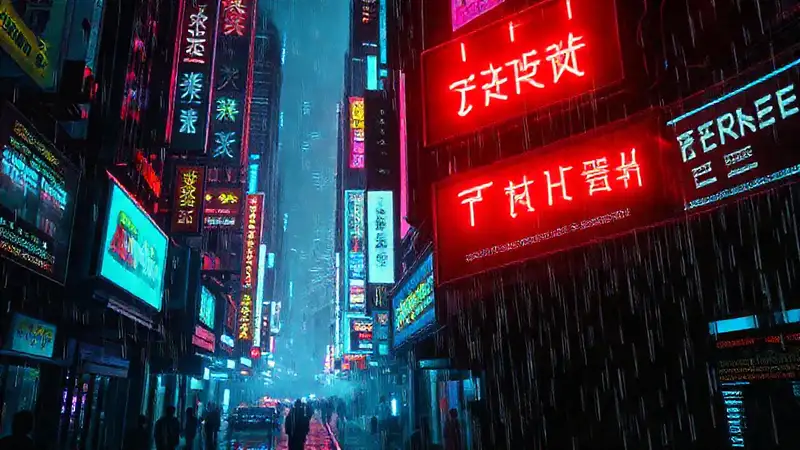Ciudad cyberpunk distópica, señales fallidas y advertencia