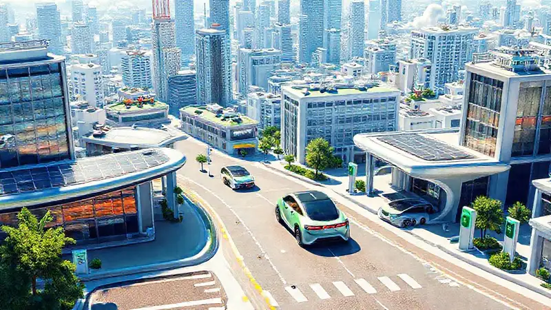 Una ciudad futurista brillante y sostenible