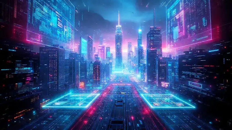 Ciudad futurista digitalmente brillante y abstracta