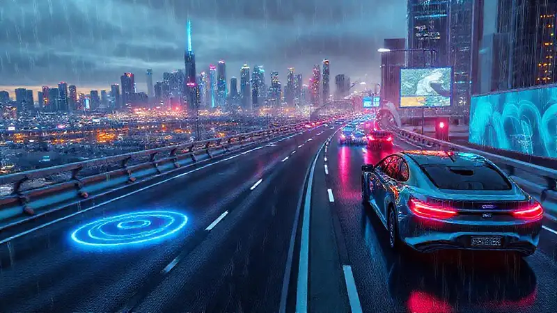 Autopista futurista carga vehículos eléctricos brillantemente