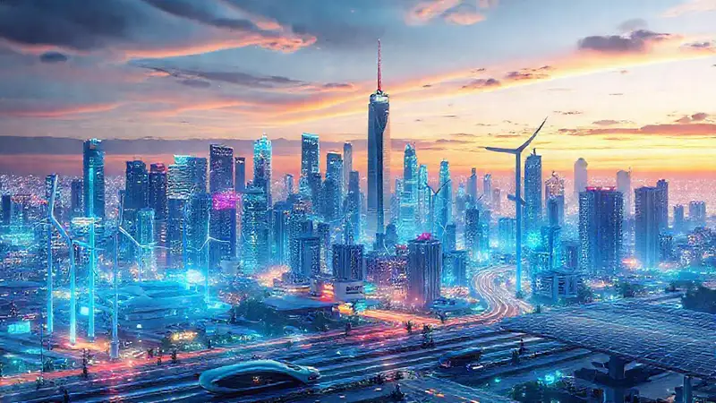 Una ciudad futurista brilla con energía limpia