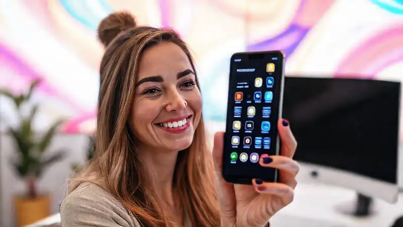 Una mujer sonríe con notificaciones brillantes