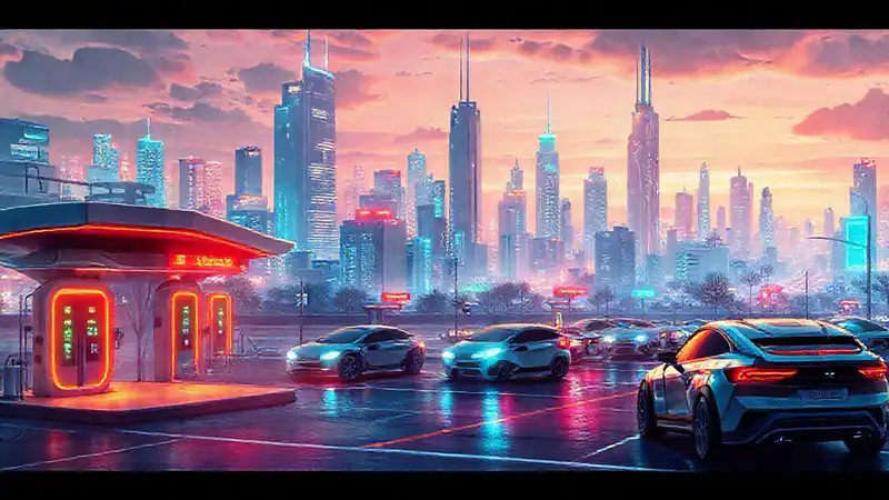 Ciudad futurista, tecnología y luces vibrantes