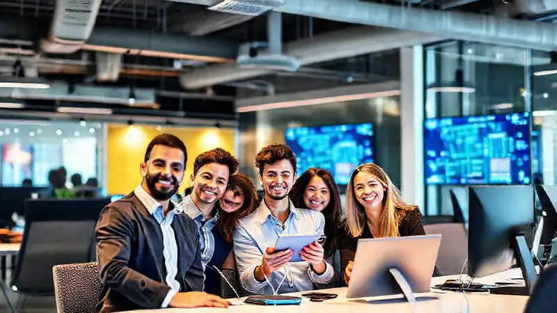 Oficina moderna, equipo diverso y vibrante