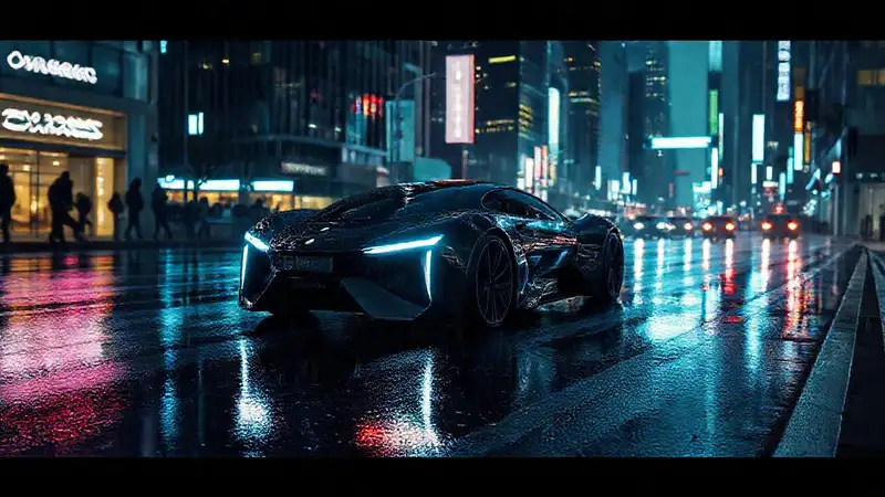 Un coche futurista ilumina la ciudad lluviosa